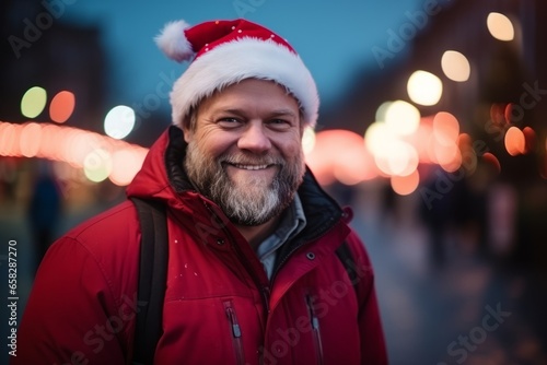 Portrait of a smiling bearded man in Santa hat on the street at night