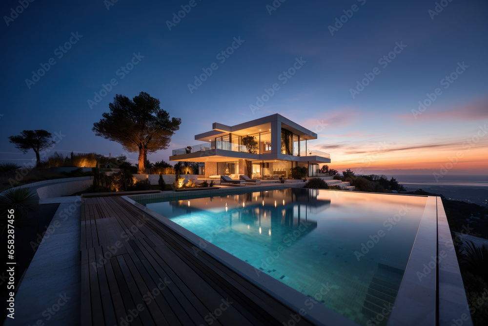 Minimalist cubic house exterior with swimming pool, modern country house, seaside holiday in modern villa, sunset view