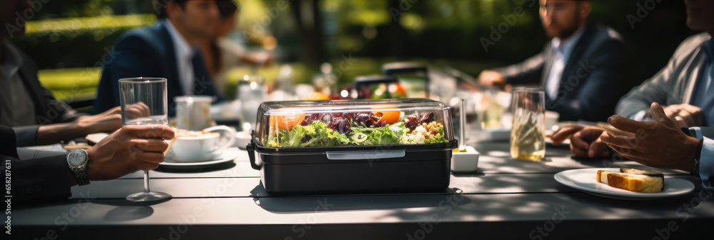 Office workers in business suits have lunch in the park and eat pre-prepared healthy food from a lunchbox, lunch or brunch in nature, banner Office workers in business suits have lunch in the park and eat pre-prepared healthy food from a lunchbox, lunch or brunch in nature, banner