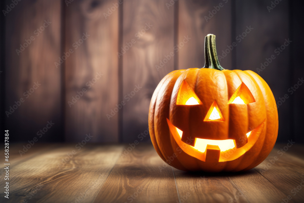 Halloween pumpkin head jack-o-lantern on wooden floor, Happy Halloween holiday background
Halloween pumpkin head jack-o-lantern on wooden floor, Happy Halloween holiday background