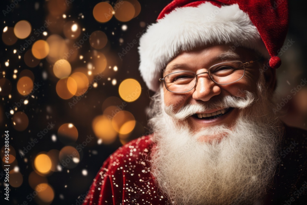 Close-up photo of Santa Claus with festive Christmas bokeh background. Generated wit AI technology Close-up photo of Santa Claus with festive Christmas bokeh background. Generated wit AI technology