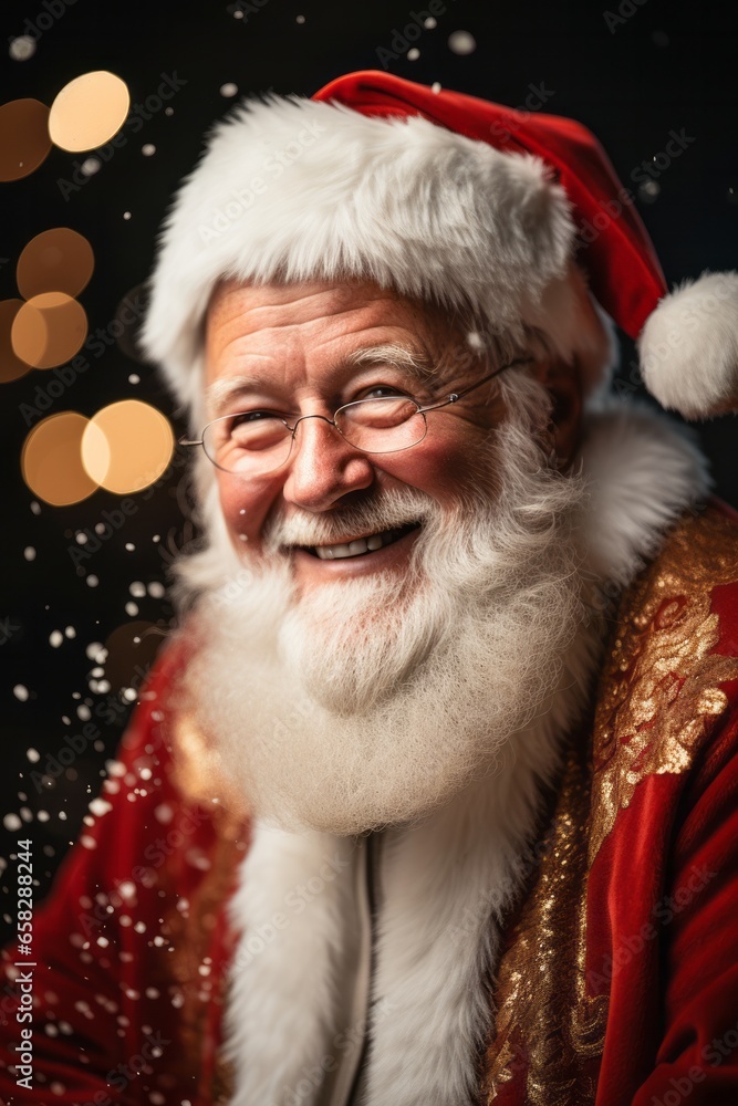 Close-up photo of Santa Claus with festive Christmas bokeh background. Generated wit AI technology Close-up photo of Santa Claus with festive Christmas bokeh background. Generated wit AI technology