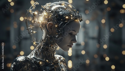 A cybernetic woman stands against a shadowy backdrop, her circuits glowing as she crafts intricate artificial intelligence. She embodies the very essence of AI's genesis, a fusion of man and machine