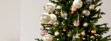 Christmas, New Year, Winter border. Fir tree branches with golden balls and garland. Christmas holiday. mockup. Web banner of winter holidays.
