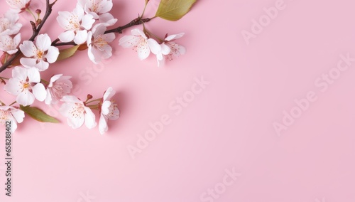 Delicate cherry blossoms lay sprawled on a soft pastel pink backdrop, captured from a top perspective. The meticulously designed scene, courtesy of generative AI, offers ample space for text and brand