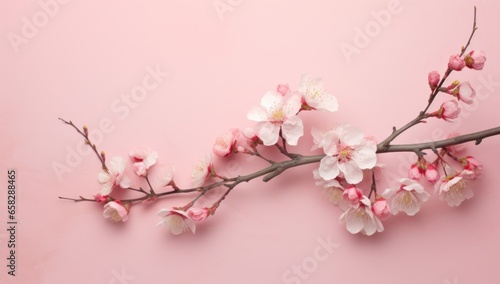 Delicate cherry blossoms lay sprawled on a soft pastel pink backdrop, captured from a top perspective. The meticulously designed scene, courtesy of generative AI, offers ample space for text and brand