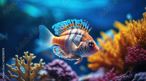 Aquarium fish swim among algae and stones, corrals and underwater plants in an aquarium