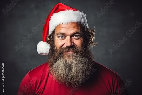 santa claus man with long beard and mustache on serious face in red shirt and christmas hat on grey studio background