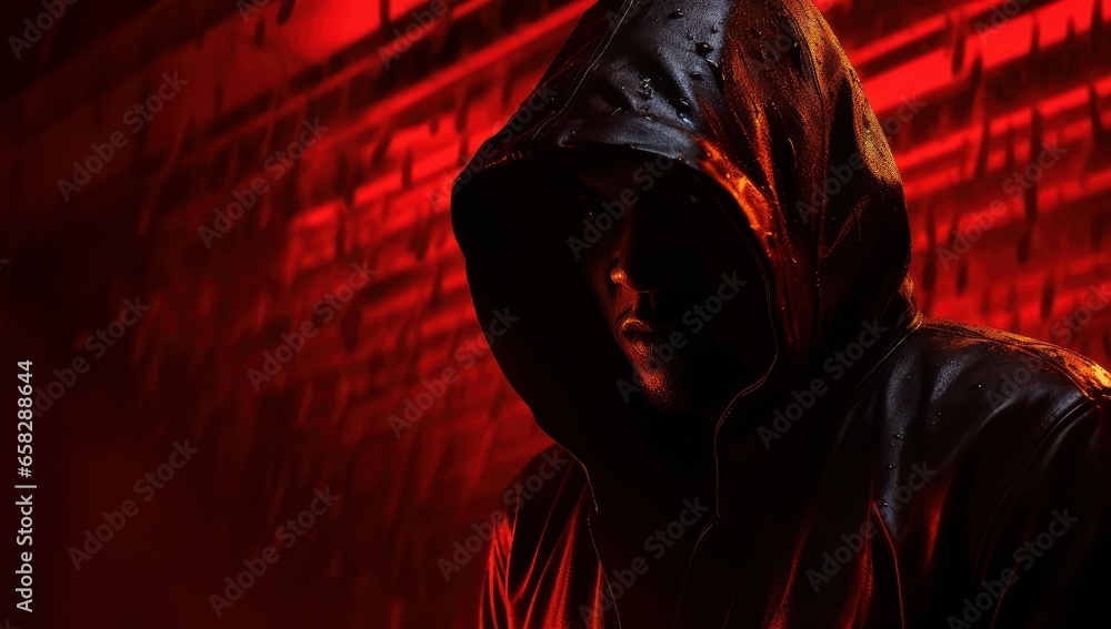 A deep red backdrop pulses with a matrix of digital code. Dynamic lines and data strings flow, evoking a sense of danger and urgency. The abstract scene suggests covert hacking activity cyber intrigue - obrazy, fototapety, plakaty 