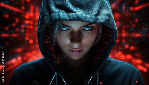 A hooded woman hacker, shrouded in mystery, stands against a red digital backdrop, symbolizing a cybersecurity breach and virus attack in the digital realm.