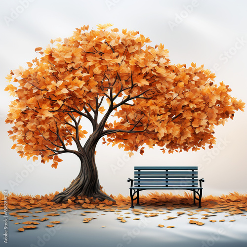 A lone bench rests beneath a sprawling tree with vibrant orange leaves, evoking a serene autumn scene. Leaves are scattered on the ground, suggesting a peaceful and quiet atmosphere.AI generated.