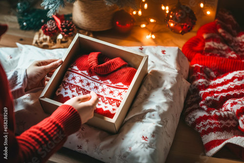 Opened christmas gift, cosy interior, christmas sweater