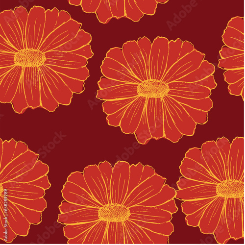 Hand Drawn Red Yellow Sunflowers Seamless Repeat Pattern. Floral Print Textile fashion