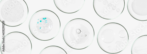 Rectangular banner with Petri dishes isolated. Smears of transparent gel, serum. Can be pasted on your background photo