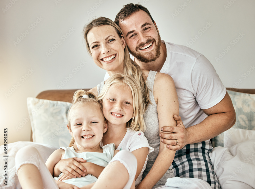 Happy, love and portrait of family on the bed for bonding and relaxing together at modern home. Happiness, smile and girl children sitting with mother and father from Australia in bedroom at house.