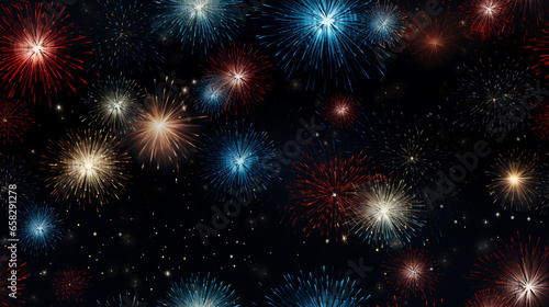 fireworks on the night sky - in red  white and blue colors - Seamless tile. Endless and repeat print.