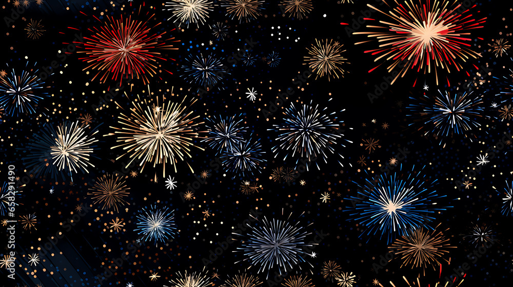 fireworks on the night sky - in red, white and blue colors - Seamless tile. Endless and repeat print.