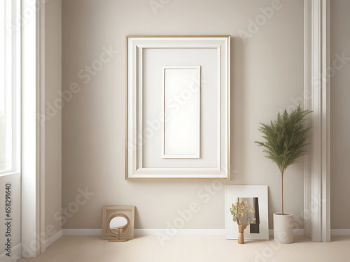 Frame mockup in contemporary minimalist beige room interior  3d render