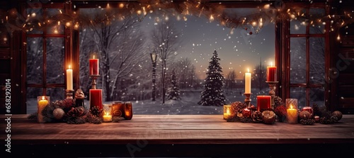 an empty wooden table with christmas candles and mulled wine in a blurred backdrop Generative AI