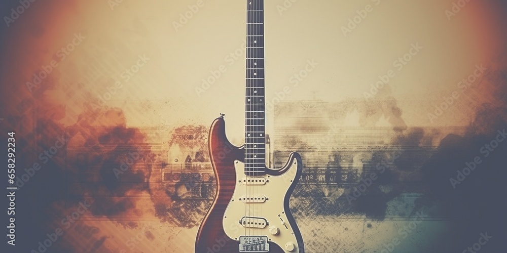 music guitar background wallpaper red grey black cream grit and grain effects vintage look - obrazy, fototapety, plakaty 