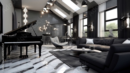 Black and white living room concept with luxurious sofa and grand piano, generated by AI