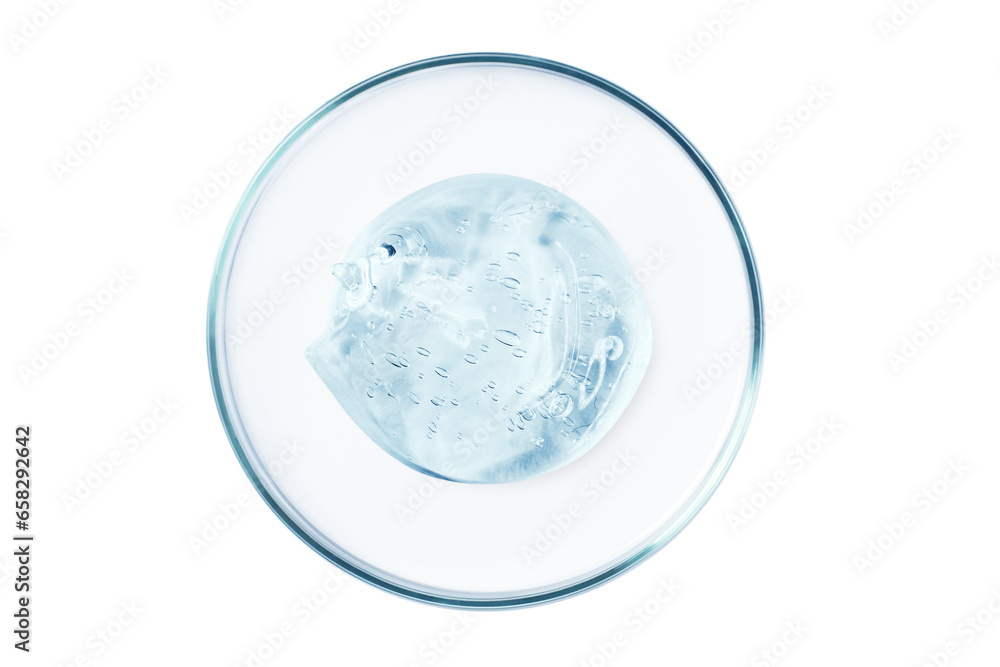Petri dish with a drop and a smear of a transparent gel or serum on an empty background. Petri dish with a drop and a smear of a transparent gel or serum on an empty background.