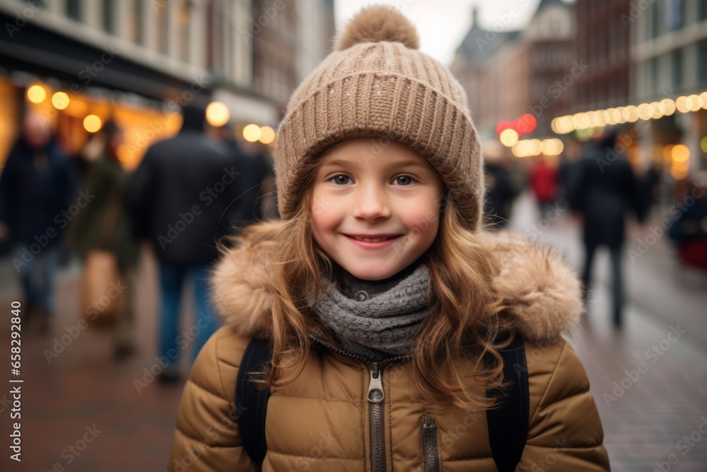 Portrait of a smiling little girl in a hat and coat on the street of Amsterdam Portrait of a smiling little girl in a hat and coat on the street of Amsterdam