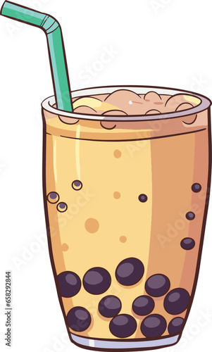 Cute outline cartoon of bubble tea, vector