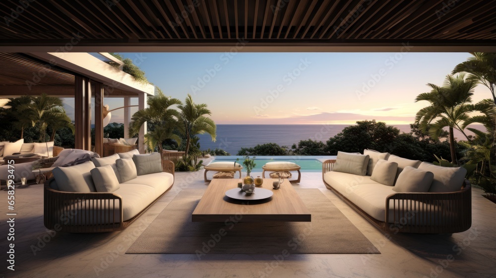 Fototapeta premium Envision a modern villa nestled along the coast, offering a tranquil and scenic retreat with panoramic ocean views