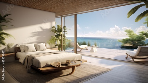 Envision a modern villa nestled along the coast  offering a tranquil and scenic retreat with panoramic ocean views