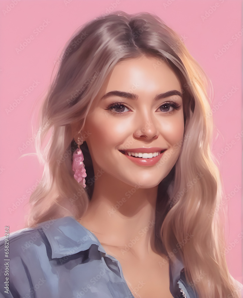 Close-Up Portrait of a Delightful Smart Blonde Girl on Pink Background. generative AI Close-Up Portrait of a Delightful Smart Blonde Girl on Pink Background. generative AI