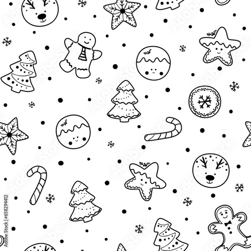 Black and white Christmas cookies seamless pattern. Vector gingerbread print, winter holiday pastry. Surface design, package, wrap paper, simple repeat background for New Year baking, wallpaper.