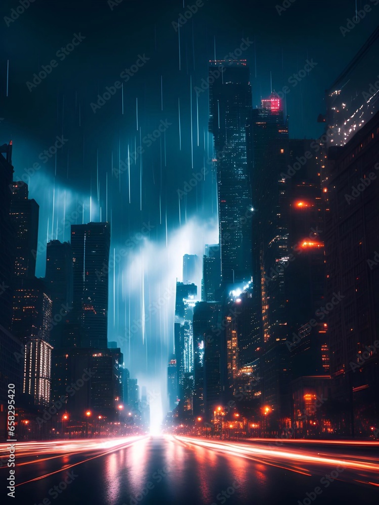 Futuristic Big City backbround In Heavy Rain Cinematic Atmosphere generative ai Illustration art