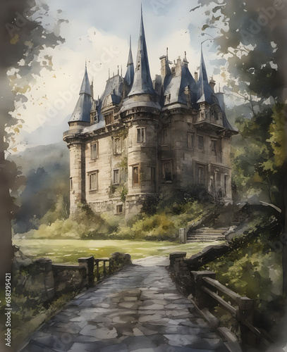 Enchanted and Eerie: Watercolor Old Abandoned Haunted Castle. generative AI