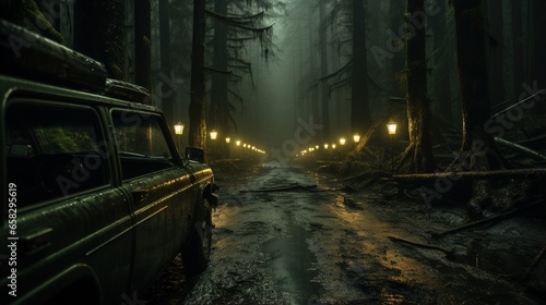 A car driving into a muddy forest with a suspiciously lit road.