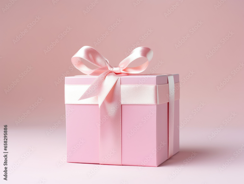 Obraz premium This charming image features a pink gift box with a ribbon on a soft pink background, offering copy space and ideal for romantic occasions.