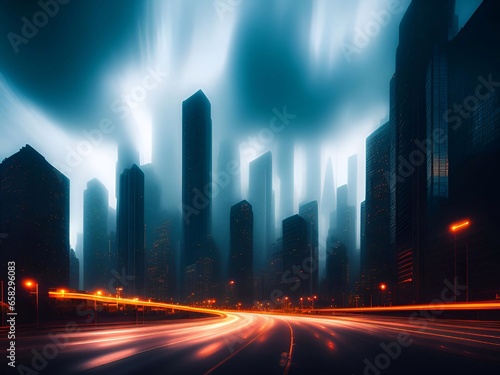 Futuristic Big City backbround In Heavy Rain Cinematic Atmosphere generative ai Illustration art