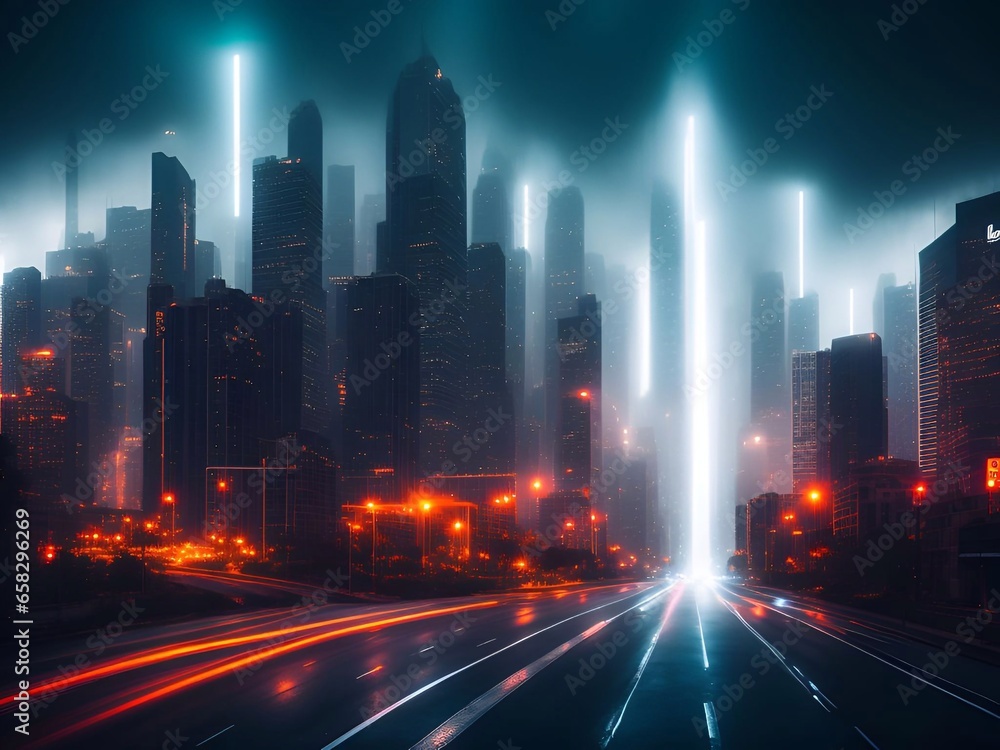Obraz premium Futuristic Big City backbround In Heavy Rain Cinematic Atmosphere generative ai Illustration art