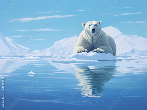  In this powerful portrait  a majestic polar bear stands alone on a single ice floe  serving as a poignant visual representation of the global warming crisis.