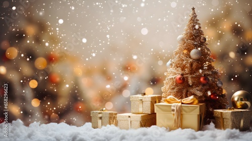 Golden Christmas tree with snow covered and tree ornaments and gift boxes. © Middleklin