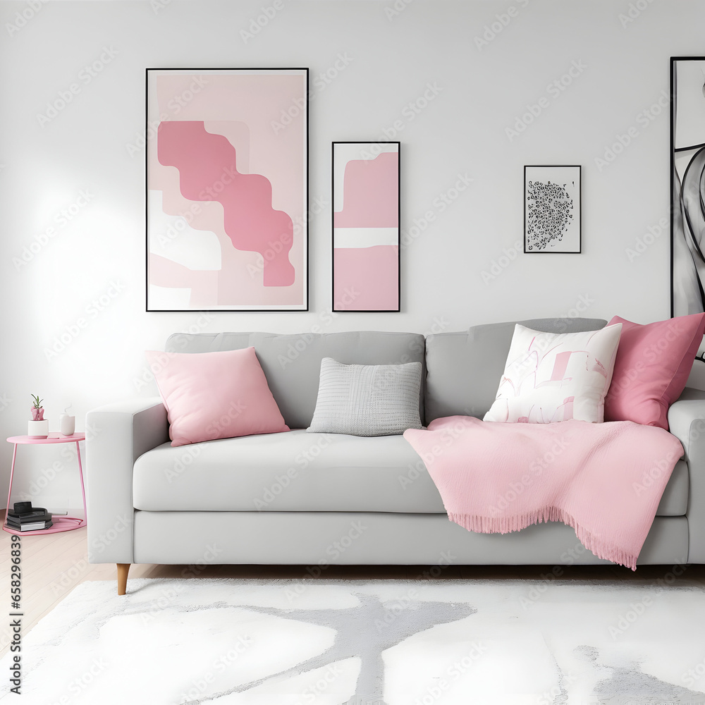 Grey_sofa_with_pink_pillows_and_blanket_against