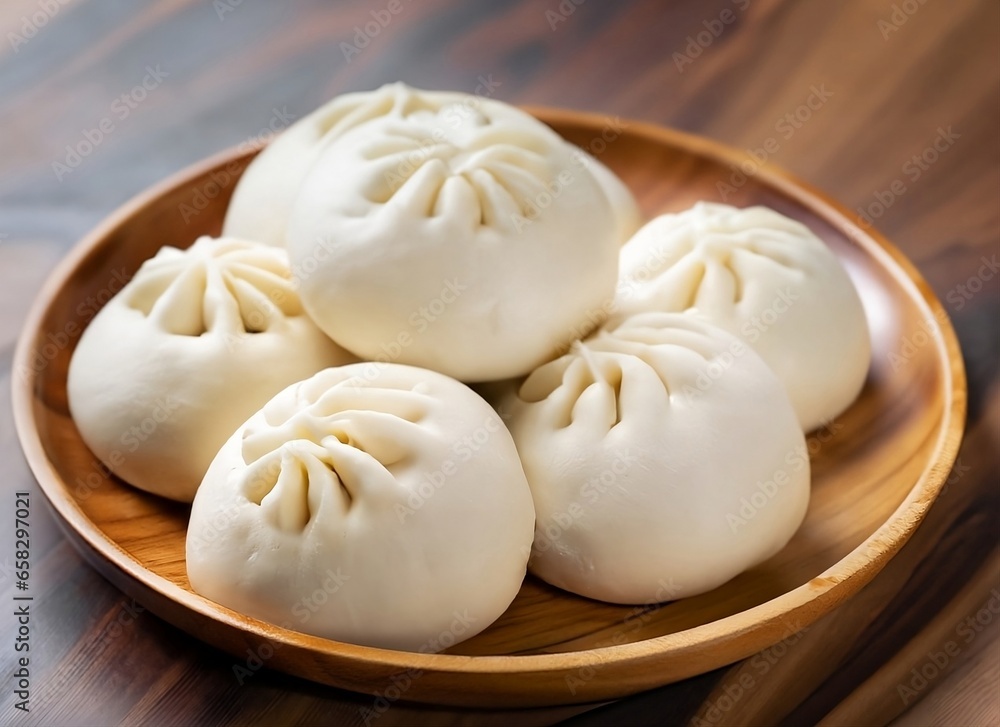 Steamed asian buns in the wooden plate