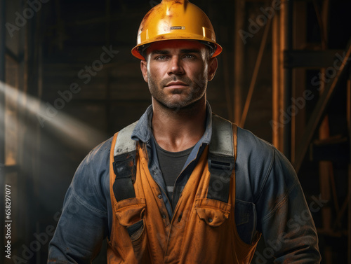 A focused, skilled construction worker photographed in their work environment.Hard Working Concept