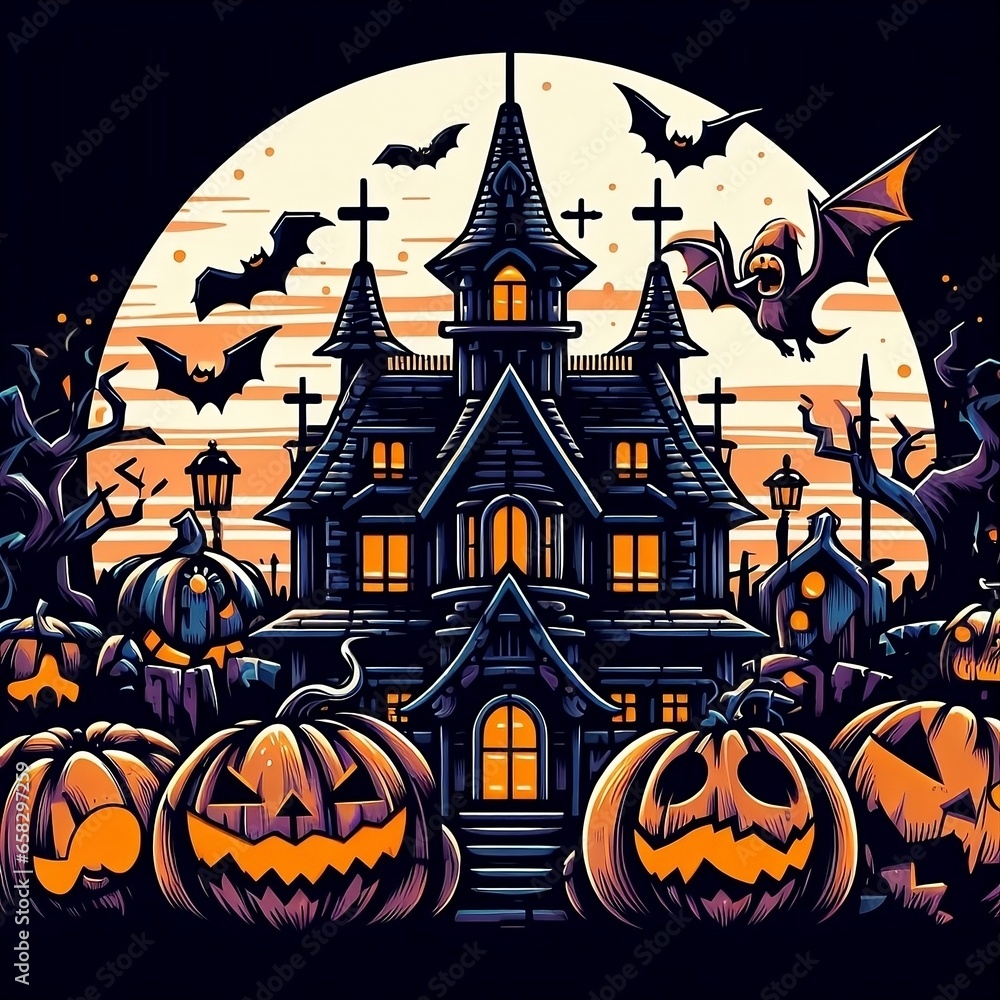 Halloween Witch Castle Bat Pumpkin Animation Style house.
