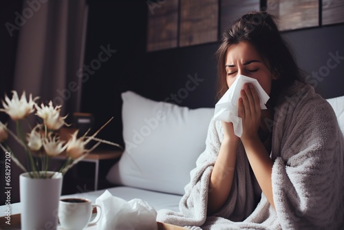 woman with allergy and flu sick in her bed