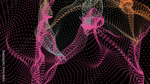 Energy net flows. Dot particle lines penetrating fog. Neon lights plexus of knots. Curved node row space infinity. Linking funnel universe parameters. Background information technology presentation.