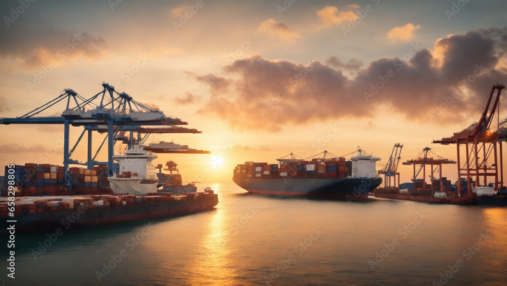 Aerial view of international port, Logistics and transportation of International Container Cargo ship at sunset, twilight sky, Freight Transportation. ai generative
