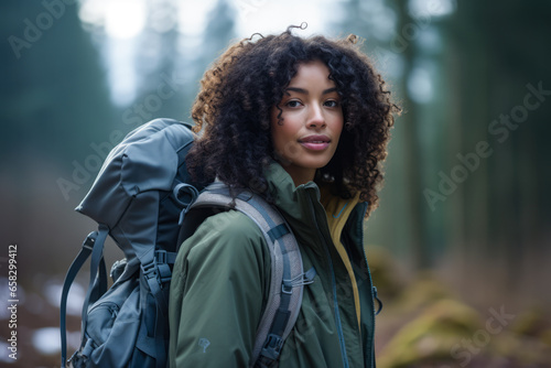 Young multiethnic woman hiking in the woods © JuanM