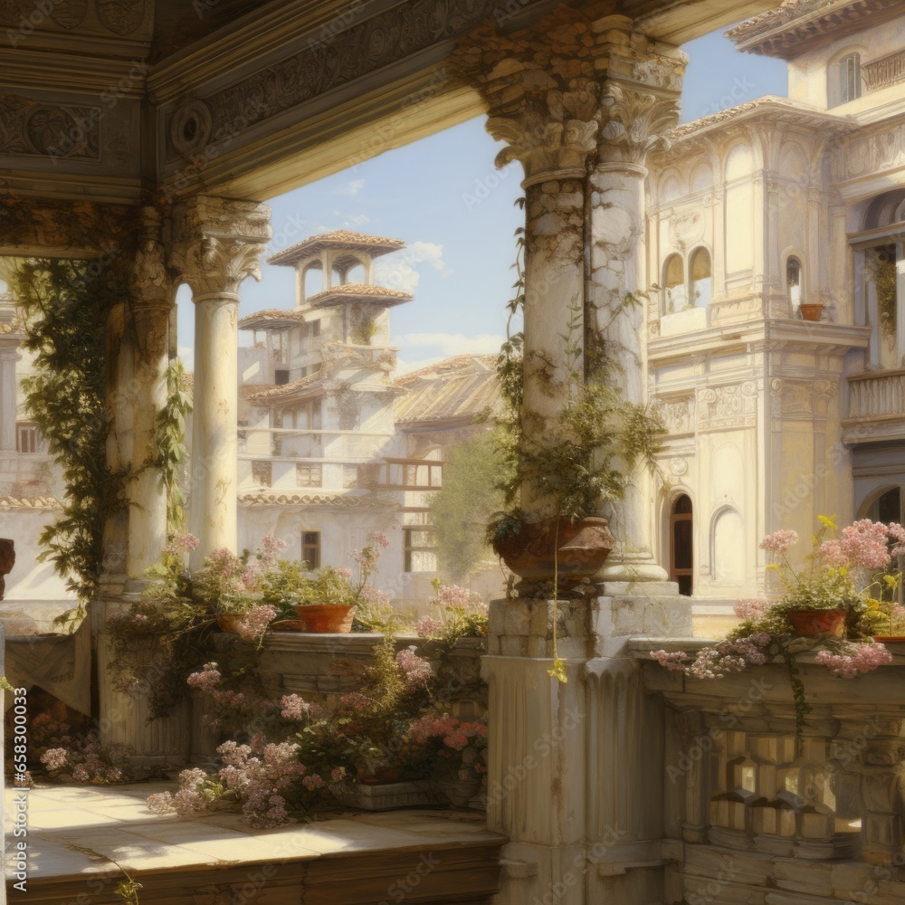 Environment, ancient scenery, marble texture, flowers