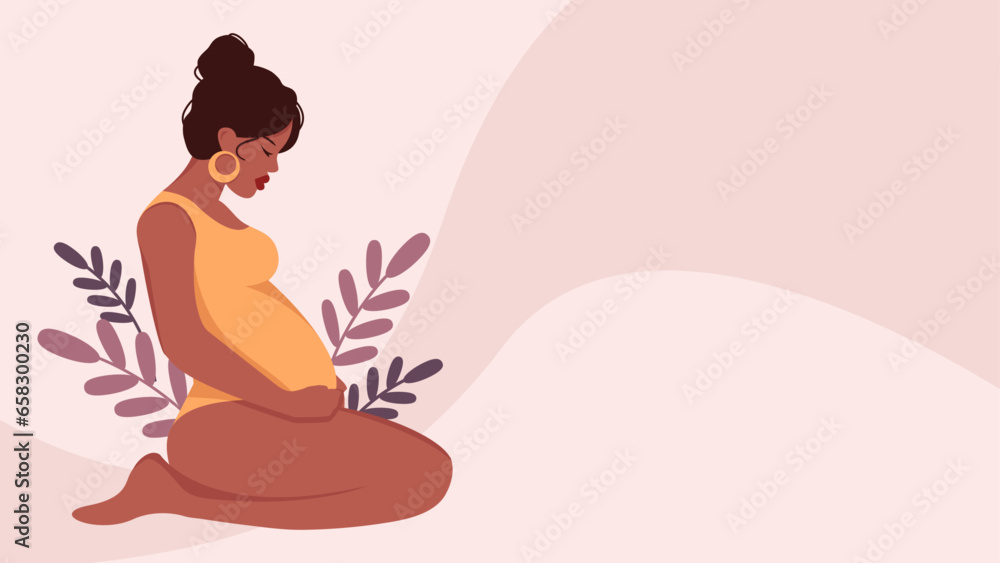 Banner of pregnancy and motherhood with place for text. Black pregnant woman motherhood support. Vector cartoon desktop wallpaper Banner of pregnancy and motherhood with place for text. Black pregnant woman motherhood support. Vector cartoon desktop wallpaper